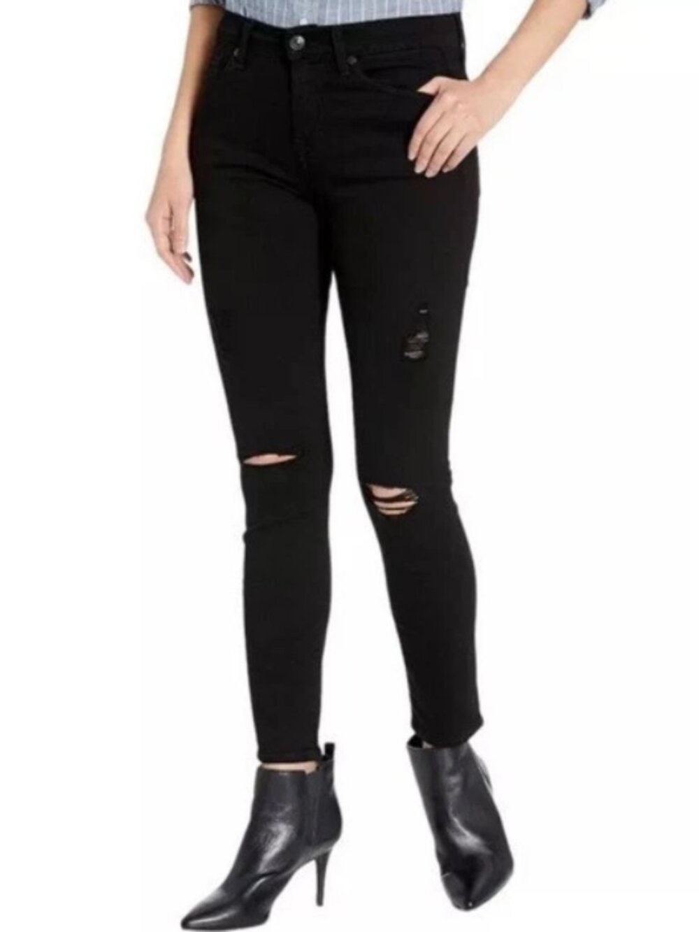 7 for all Mankind Jeans Gwenevere Skinny Pant Black Denim Distressed Size 26